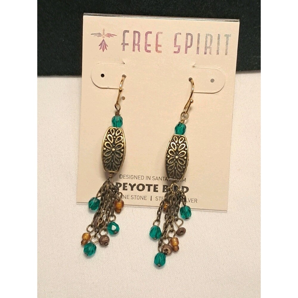 NWT Peyote Bird Antique Gold Floral Bead Chain Teal Green 2.25" Tassel Earrings